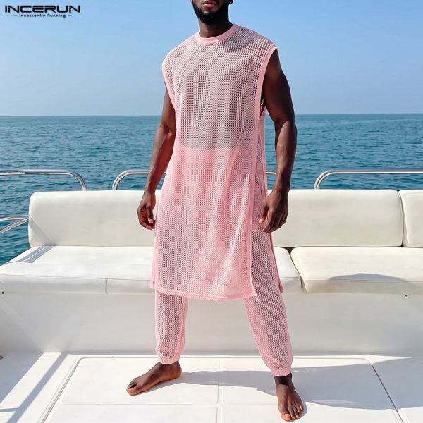 INCERUN Men Sets Mesh See Through Sleeveless Irregular Vests Pants Two Piece Sets Streetwear Sexy 2026 Fashion Men Matching Sets at AliExpress