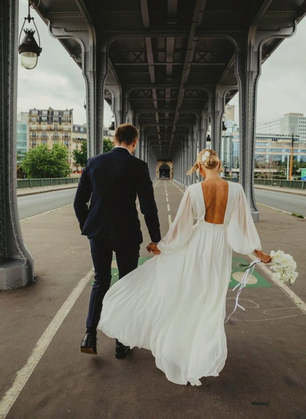 A-Line Scoop Neck Long Sleeves Chiffon Floor-Length Wedding Dress at Missacc