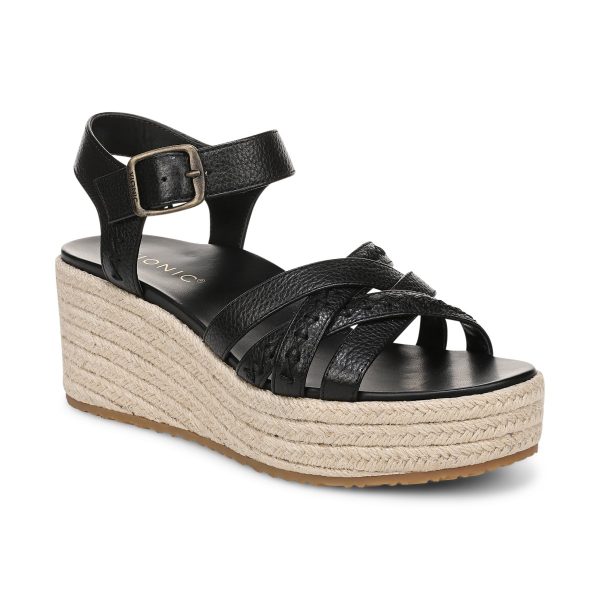 Vionic Women's Dana Espadrille Wedge Sandal with Arch Support in Black Leather, Size 9.5 at ANINE BING
