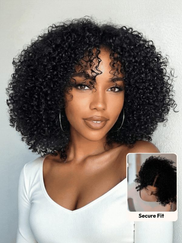 [22"=$98] 150% Density 7x5 Lace Bye Bye Slip™ Natural Black Afro Kinky Curly with Finger Coil Ends Drawstring Wig at UNice