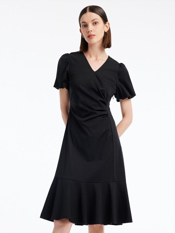 Ruched Mermaid V-Neck Midi Dress at GOELIA