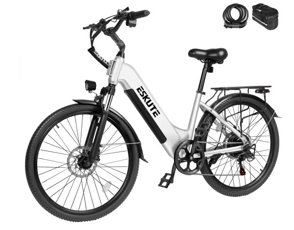 Eskute® C200 ST City Commuter Electric Bike - White / Bike with Phone Bag& Bike Lock at Eskute Ebikes