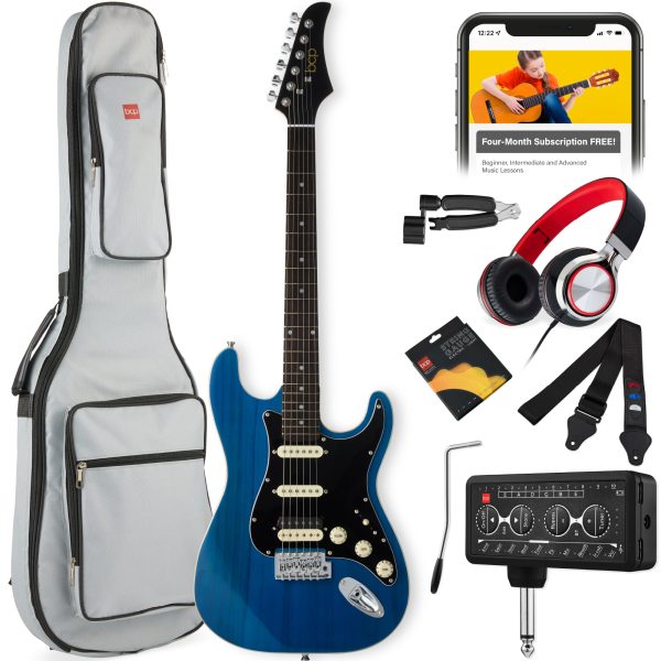 Beginner Electric Guitar Kit w/ Headphone Amp, Padded Gig Bag, Headphones - Midnight Blue/Black at Best Choice Products