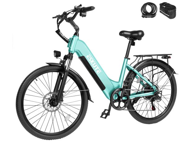 Eskute® C200 ST City Commuter Electric Bike - Green / Bike with Phone Bag& Bike Lock at Eskute Ebikes