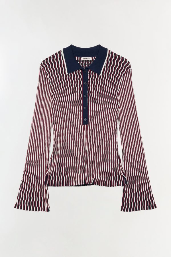 SIMKHAI Women's Colleen Knit Polo Shirt Long Sleeve Top in Cranberry Multi, Size Small