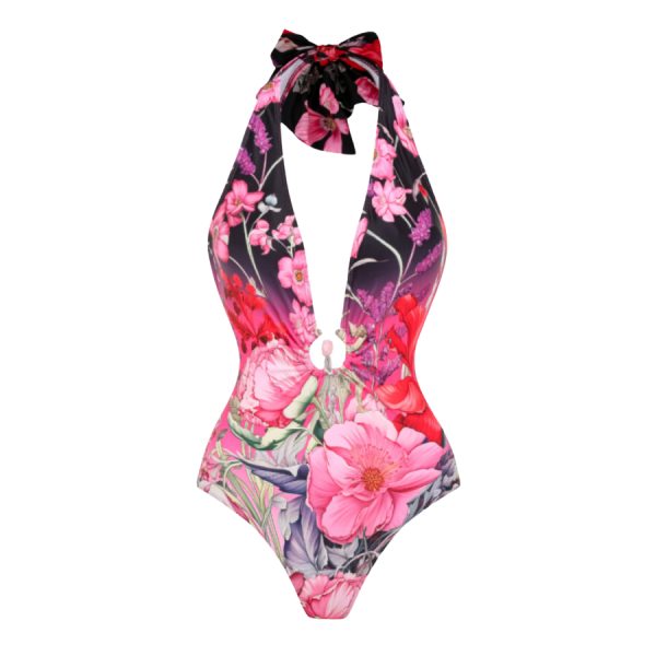 Deep V Neck Halter Printed One Piece Swimsuit and Sarong, Only swimsuit · M at Vibecurve