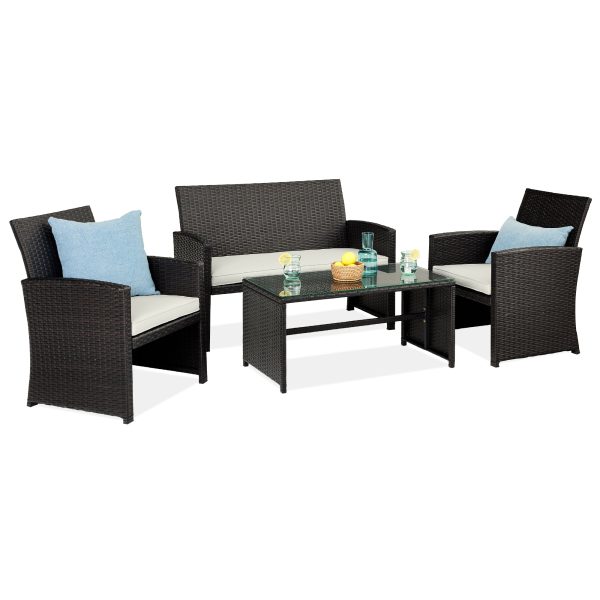 4-Piece Outdoor Wicker Conversation Patio Set w/ 4 Seats, Glass Table Top - Black/White Sand at Best Choice Products