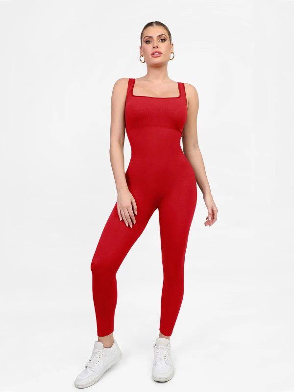 Shapewear Square Neck Tank Workout Seamless Jumpsuit - Chili Red / L at Popilush
