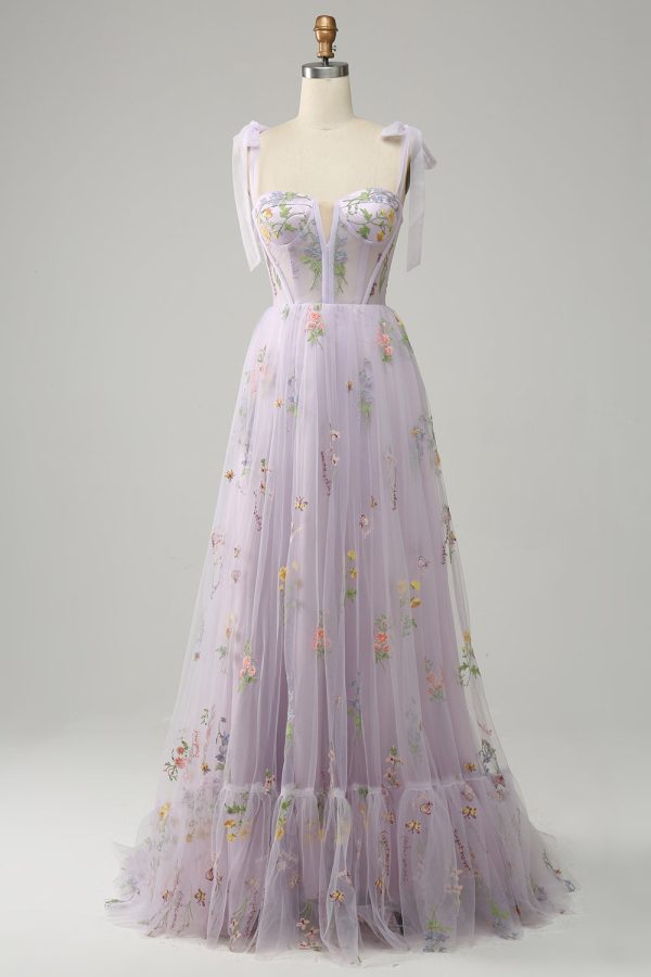 Green A Line Spaghetti Straps Corset Long Prom Dress with Embroidery - Lavender / US18W at Zapaka