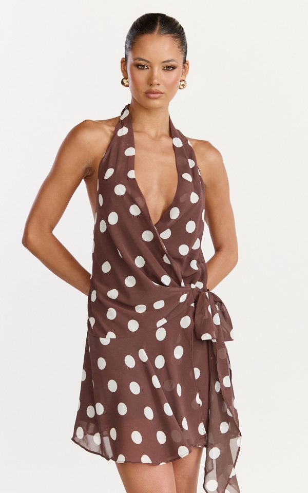 Lia Mini Dress - Wrap Around Dress in Choc Polka Dot at Showpo
