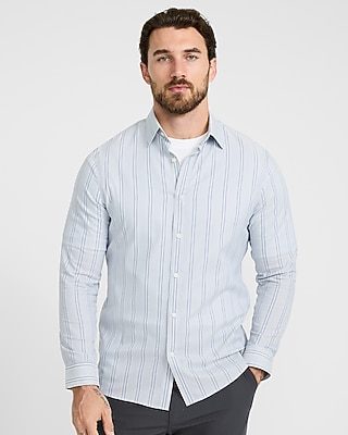 Express Men's Slim Striped Wrinkle-Resistant Everyday Performance Dress Shirt in Slate Blue