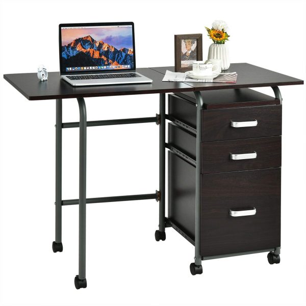 Costway - Folding Laptop Desk with Three Drawers - Brown at Best Buy