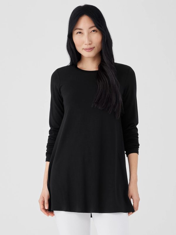Stretch Jersey Knit Crew Neck Long Top at EILEEN FISHER