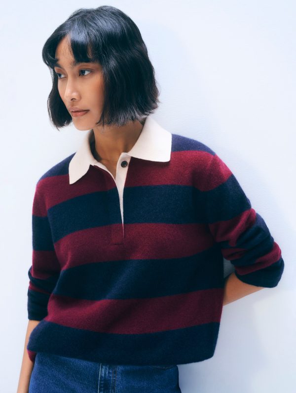 White & Warren Cashmere Rugby Stripe Polo Sweater in Deep Navy/sangria size XS at White and Warren