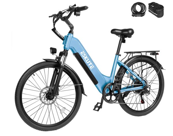 Eskute® C200 ST City Commuter Electric Bike - Blue / Bike with Phone Bag& Bike Lock at Eskute Ebikes