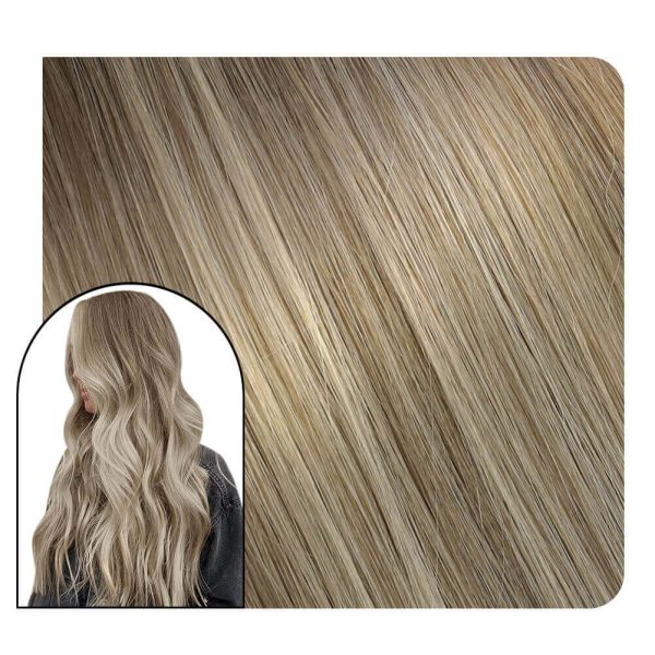[Virgin Hair] Hand Tied Weft Extensions Human Hair Cool Ash Blonde Balayage #8/8/613 - 22 inch / 5 Bundles / Alligator clips at Ugeat Hair Official