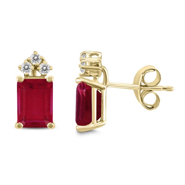 14K Yellow Gold 5x3MM Emerald Shaped Ruby and Three Stone Diamond Earrings at Szul.com