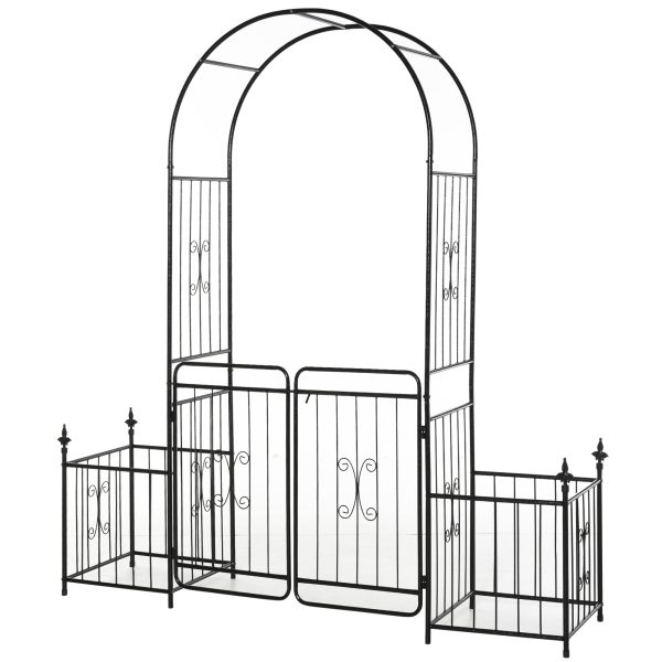 Outsunny 86" Garden Arch Arbor, Metal Arch Trellis with Gate and Planter Baskets, Garden Archway for Climbing Vines, Wedding Ceremony Decoration, Flou at Aosom.com