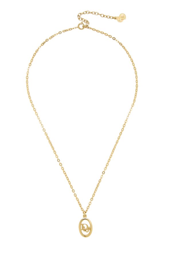 Women's Christian Dior Gold Oval Logo Necklace in Gold at What Goes Around Comes Around