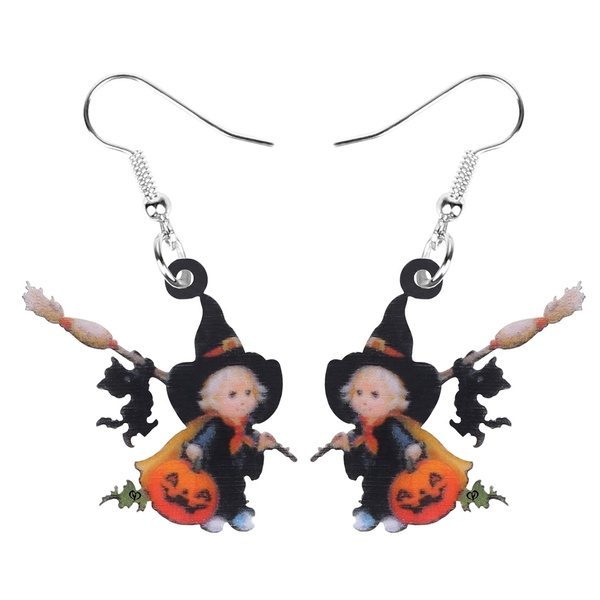 Acrylic Halloween Broom Hat Witch Pumpkin Black Cat Earrings Drop Dangle Decoration Jewelry Women Girls Teens Party Gift at Wish US & CA