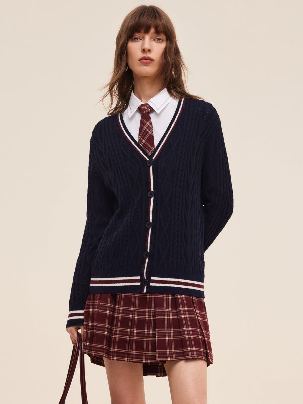 Wool Blend Contrast Trim Women Cardigan - Dark Navy / M at GOELIA