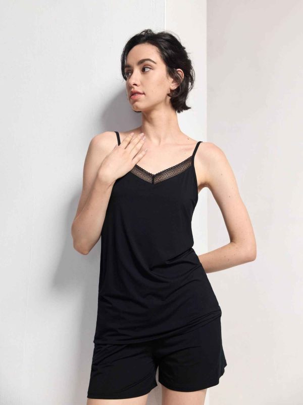 Women's GYS Premium™ Bamboo Lace Trim Camisole Set - Black / L
