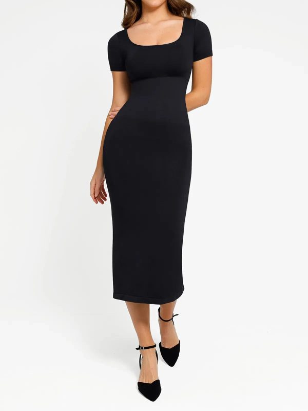 Shapewear Eco-Friendly Back Slit Midi Seamless Dress - Black / M/L at Popilush