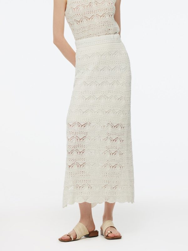 Linen Cotton Blend Women Side Slit Openwork Skirt - Off White / S at GOELIA