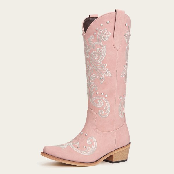 The Missie - Blush Pink Floral Embroidered Pearl Snip Toe Cowgirl Boots with Side Zipper - US 6.5 at REDTOP