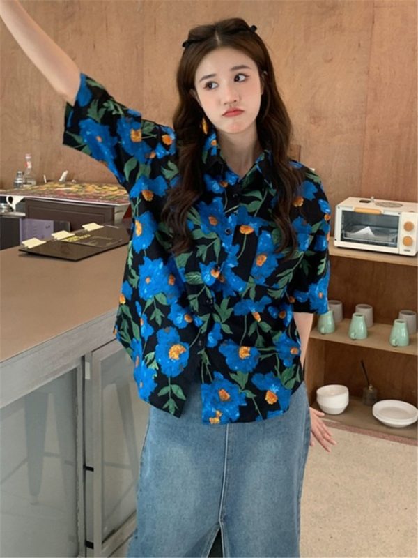 New Cotton Summer Turn-down Collar Women Breathable Vintage Blue Printed Loose Soft Holiday Casual Streetwear Shirts Coats at AliExpress