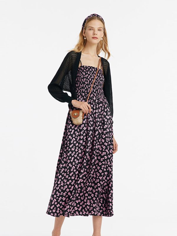 Bowknot Print Spaghetti Strap Maxi Dress And Knitted Cardigan Two-Piece Set With Scrunchie - Pink Ribbon Print on Black / L at GOELIA
