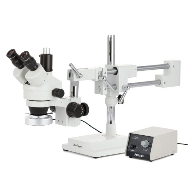 AmScope SM-4 Series Simul-Focal Zoom Trinocular Stereo Microscope with Heavy Duty 80 LED Ring Light and Auto Focus Camera on Double Arm Boom Stand