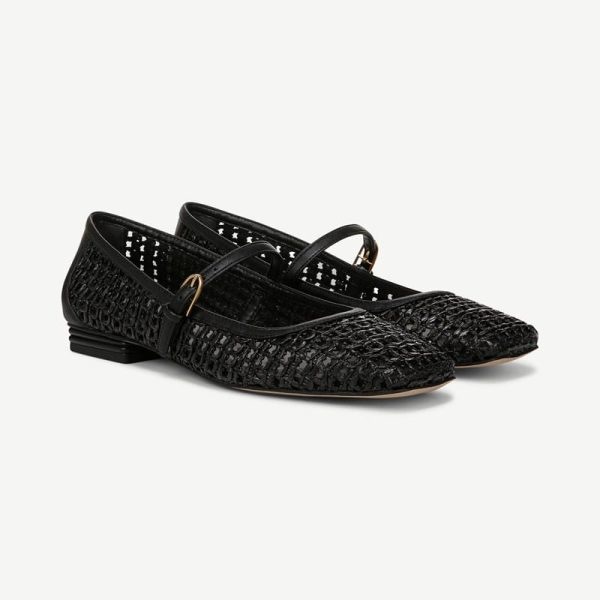 Franco Sarto Franco Tinsley Mary Jane Flat Shoes (Black Faux Raffia) 10.0 M Square Toe, Buckle Closure