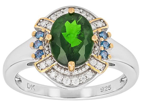 Green Chrome Diopside With Blue & White Moissanite Rhodium Over Silver Two-Tone Halo Ring 1.95ctw at JTV Jewelry
