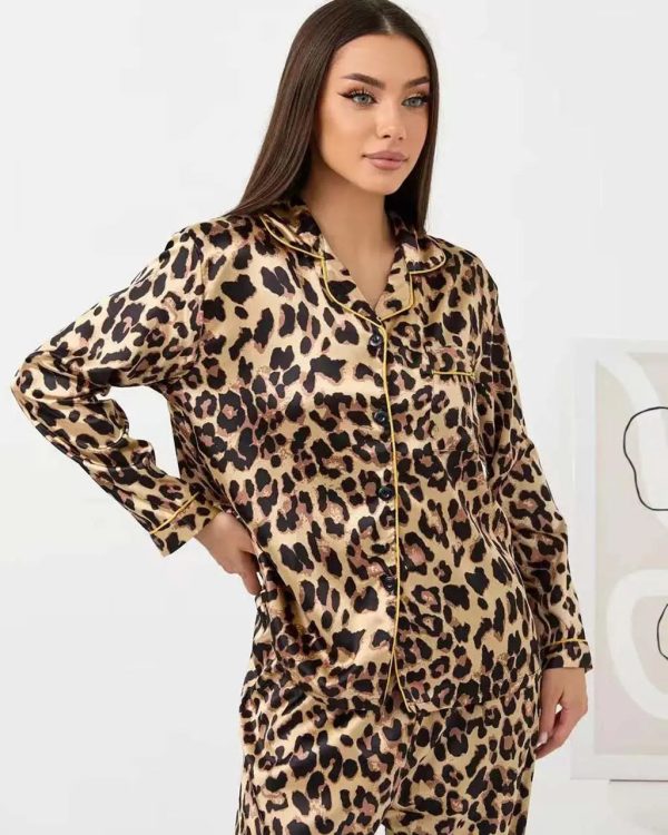 Mature Leopard Print Long Pajama Set - Beige / L at Omfort