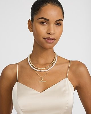 Express Women's Layered Pearl Gold Chain Necklace in Ivory