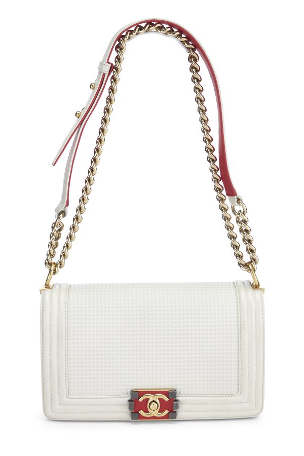 Women's Chanel White Cube Embossed Calfskin Boy Bag Medium in White Medium at What Goes Around Comes Around
