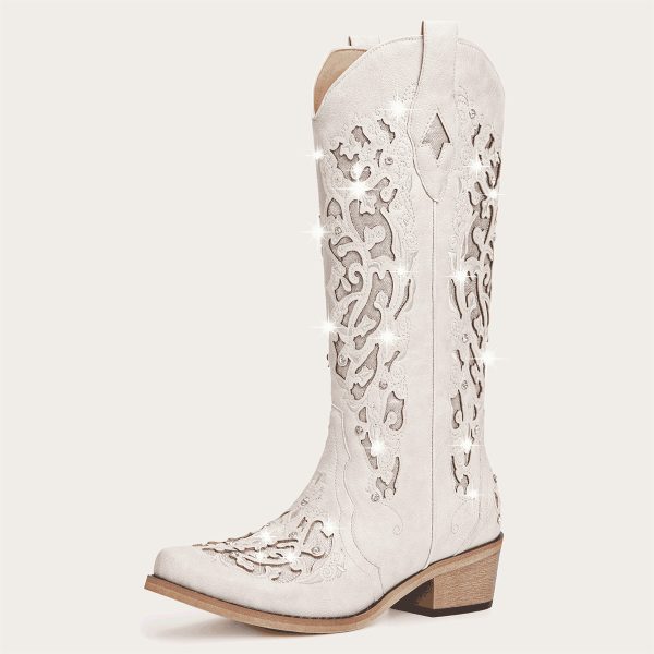 The Ballou - White Cutout Embroidered Rhinestone Snip Toe Cowgirl Boots with Side Zipper - US 9 at REDTOP