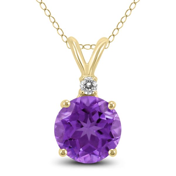 14K Yellow Gold 5MM Round Amethyst and Diamond Pendant at Szul.com