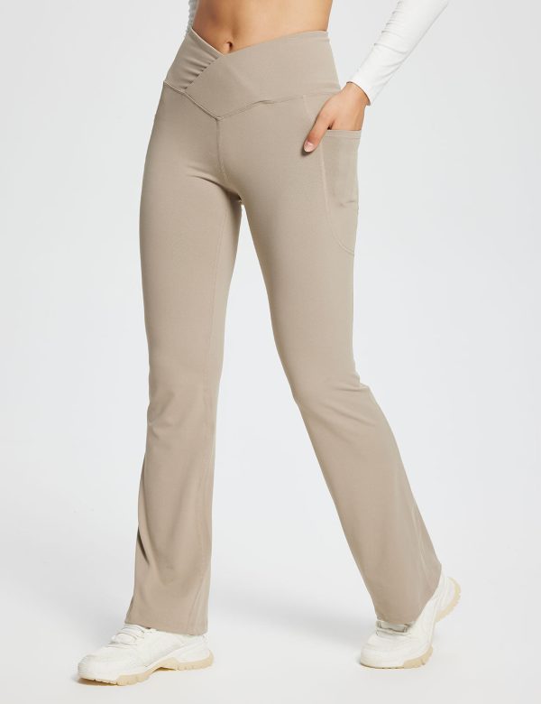 Laureate Women's 29" Crossover High-Waisted Flare Yoga Pants - Khaki / 2XL at Baleaf