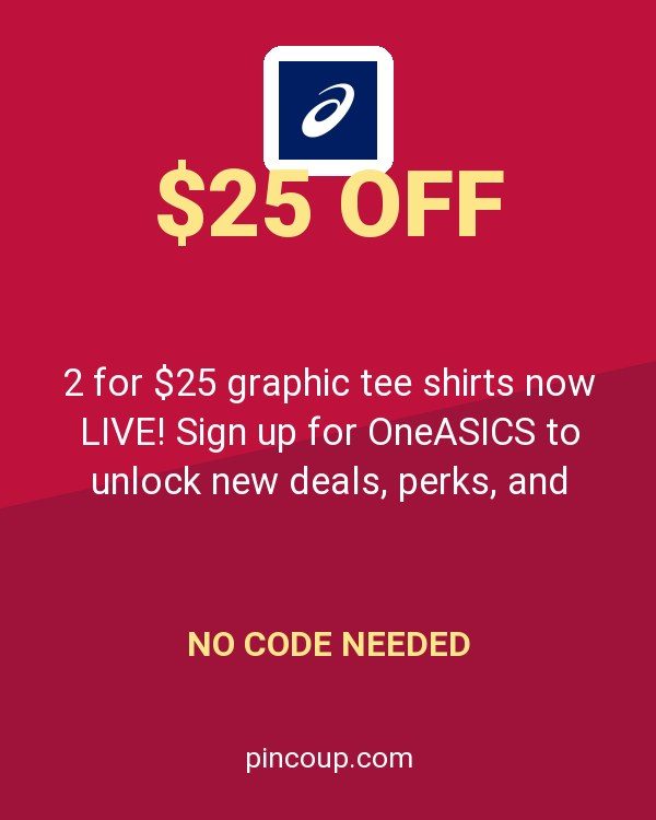 ASICS America coupon: 2 for $25 graphic tee shirts now LIVE! Sign up for OneASICS to unlock new deals, perks, and shipping benefits. Offer is valid both in-store and online on select colors for men and