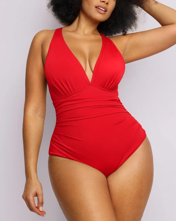 Smart Sculpt™ Plunge Cutout Tummy Control Swimsuit - Red / 2X at Shapellx