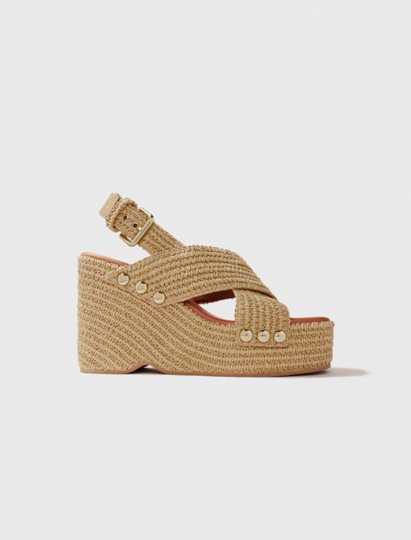 Wedge sandals with raffia effect at Maje