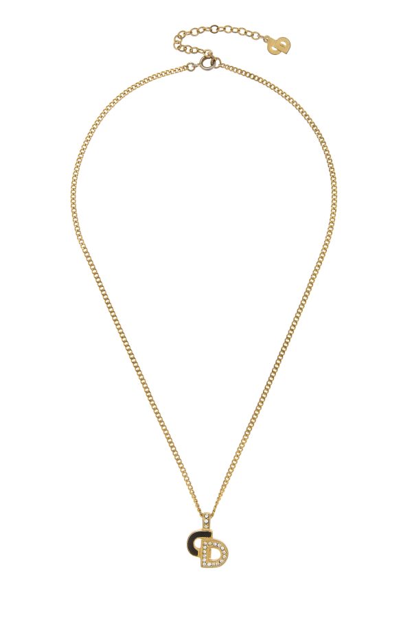 Women's Christian Dior Gold & Black Crystal 'CD' Necklace in Gold at What Goes Around Comes Around
