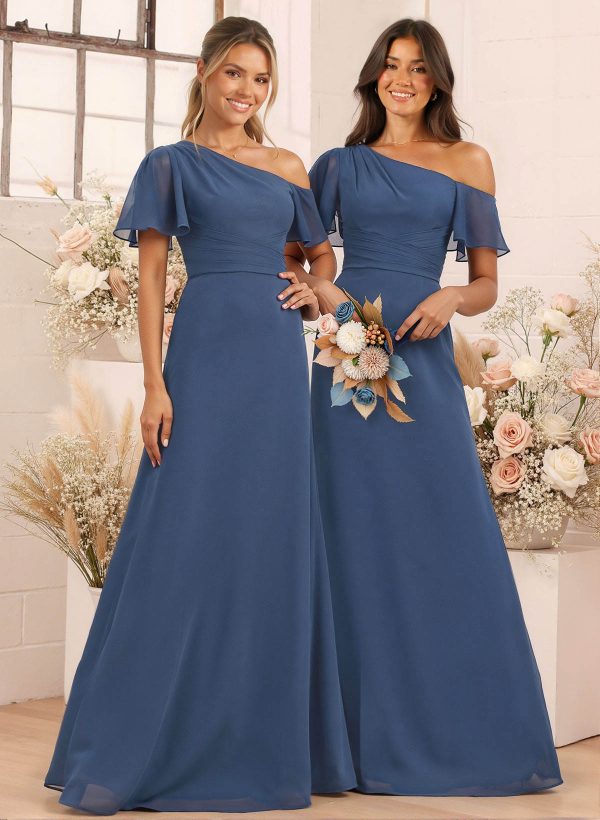 A-Line One-Shoulder Short Sleeves Floor-Length Chiffon Bridesmaid Dresses at Missacc