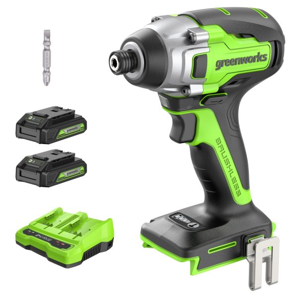 24V 1/4" 2650 in/lbs Brushless Impact Driver Kit: (2) 2.0 Ah USB Batteries, Dual-Port Charger and Bits at Greenworks Tools
