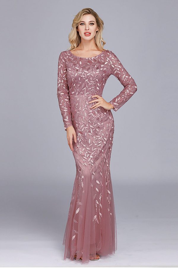 Gold Mermaid Sequins Tulle Evening Dress With Long Sleeves - Dusty Rose / L at Zapaka