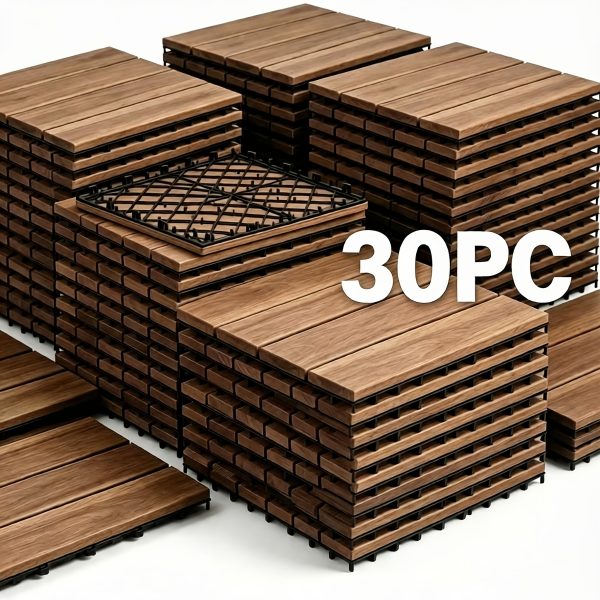 TEMU 10/ Pack 12" X 12" Solid Wood Interlocking Deck Tiles, Natural Hardwood Patio Flooring Tiles, Indoor Outdoor Floor Pavers For Balcony Backyard