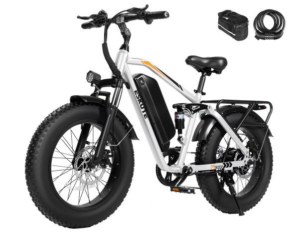 Eskute® M300F All-Terrain Electric Bike - White / Bike with Phone Bag& Bike Lock at Eskute Ebikes