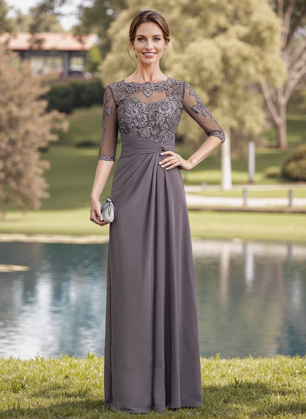 A-Line Illusion Neck 1/2 Sleeves Chiffon Mother Of The Bride Dresses With Appliques Lace at Missacc